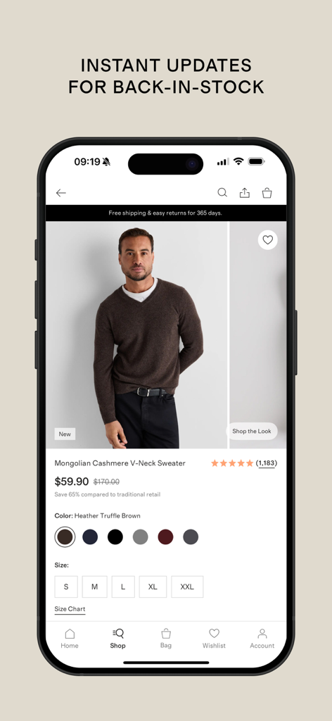 Quince - Product page in the Quince app featuring a men's Mongolian Cashmere V-Neck Sweater with pricing and back-in-stock notification