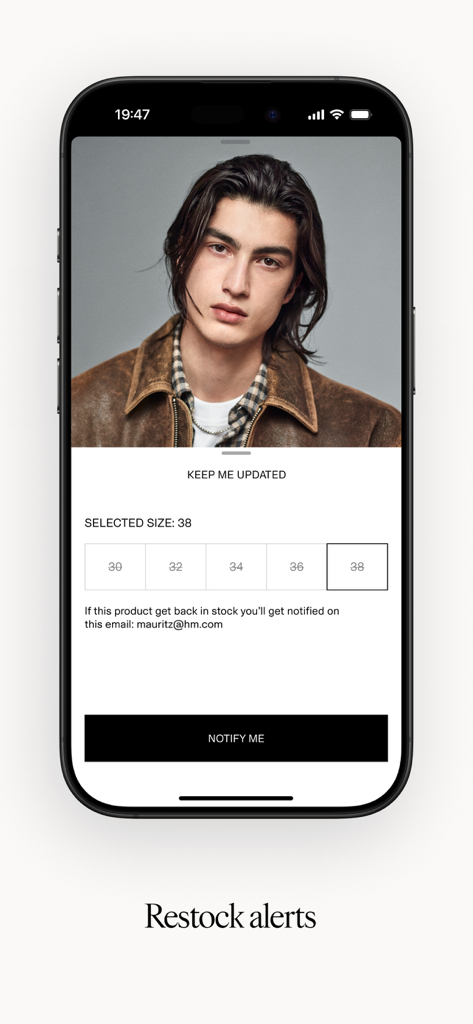 HM app screen showing restock alerts and notify me feature for mens fashion