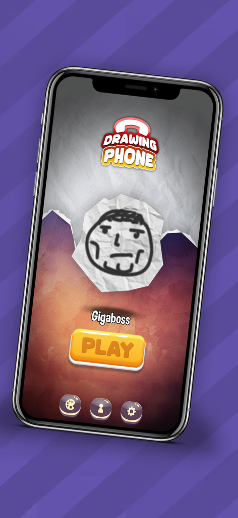 Home screen of the Drawing Phone app featuring the play button and a hand drawn face