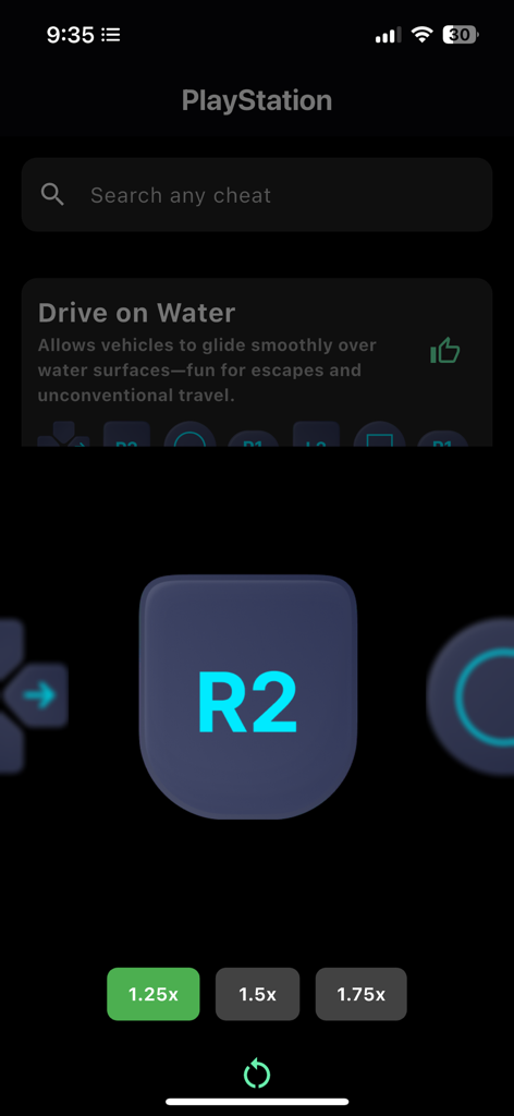 Eine mobile Oberfläche für GTA Vice City Cheat-Codes, die die Diktierfunktion und Geschwindigkeitsregler für PlayStation zeigt.