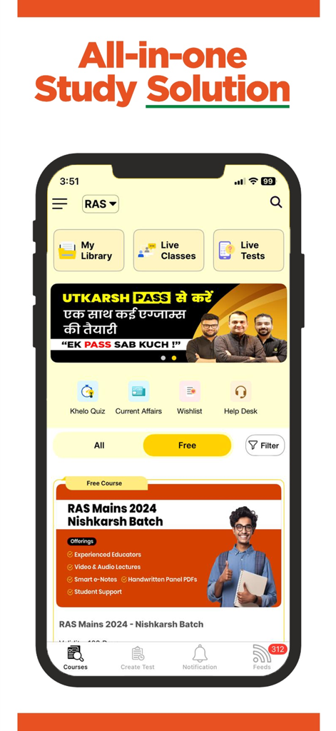 Utkarsh : Smart Learning App - Utkarsh Smart Learning App home screen showing various exam preparation features like live classes and tests