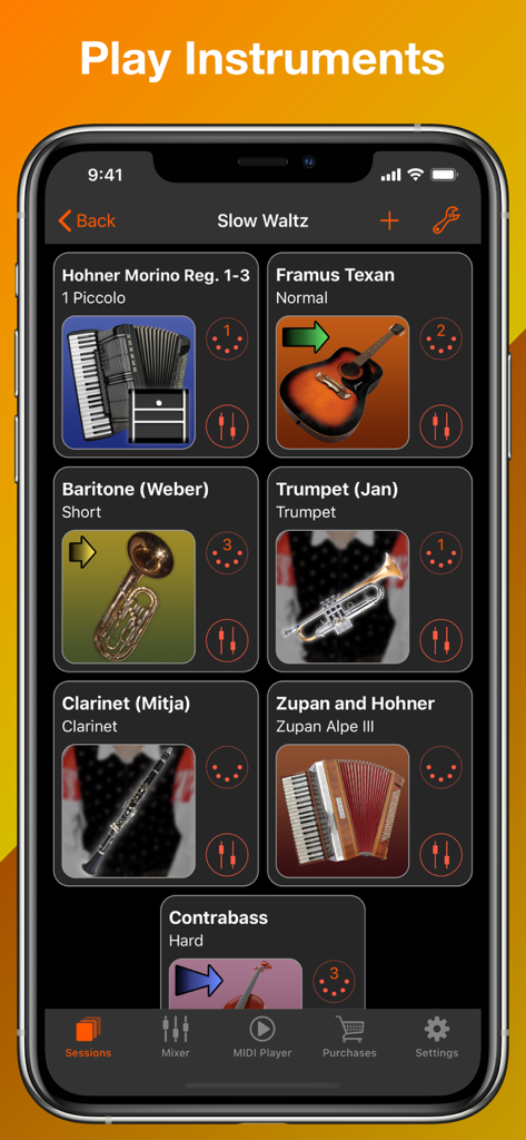 Interfaz de la aplicación Turbosounds para Acordeón que muestra una selección de instrumentos virtuales para una sesión de música Oberkrainer