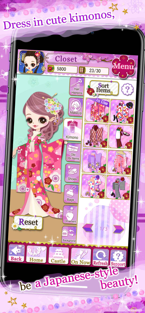 Avatar-Anpassungsbildschirm in Samurai Love Ballad PARTY, der einen Charakter in einem rosa Blumen-Kimono zeigt