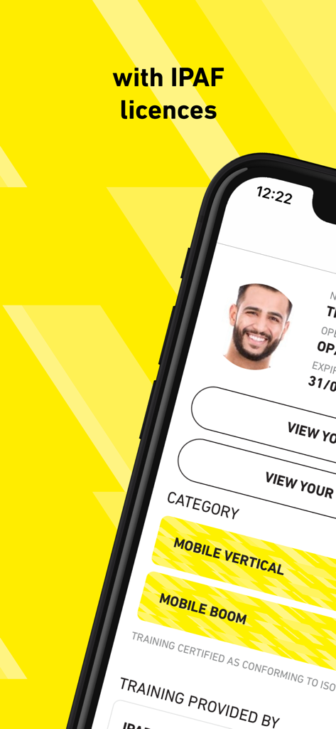 IPAF ePAL - IPAF ePAL app showing a digital operator license with mobile vertical and mobile boom categories