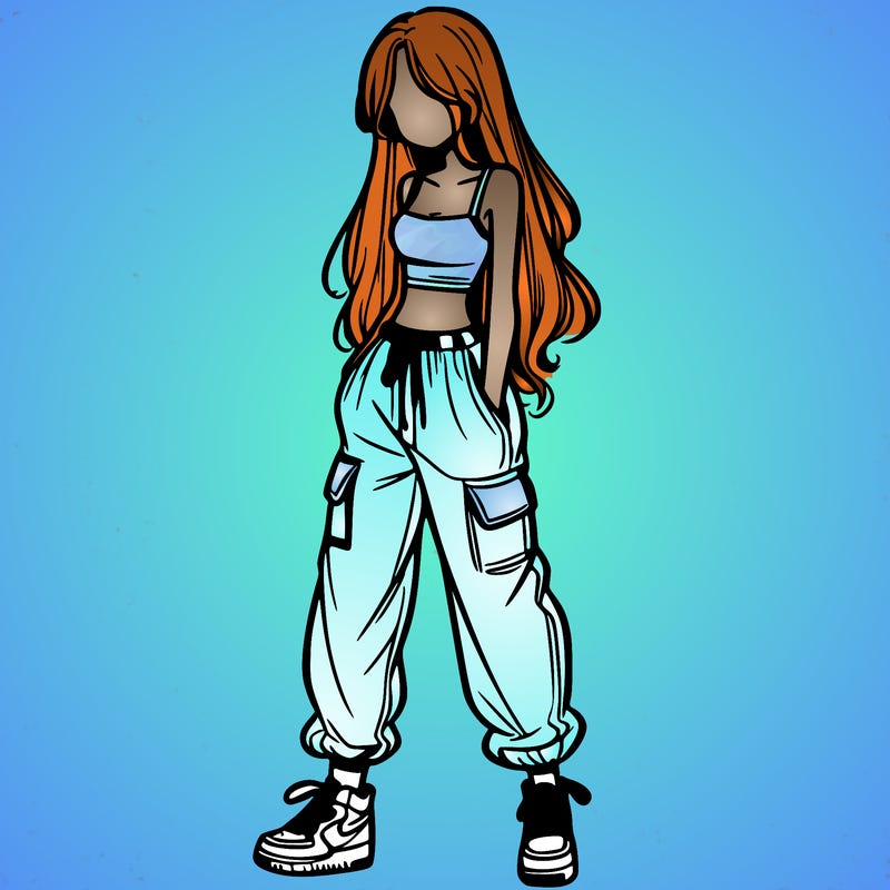 girl in baggy pants crop top and long hair