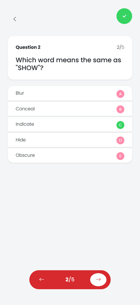 A verbal reasoning question in the CFAT practice test app asking for a synonym of the word show.