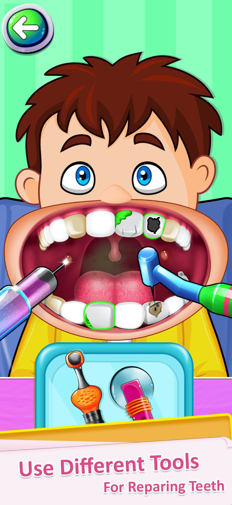 A child patient in a dentist chair being treated with various dental tools