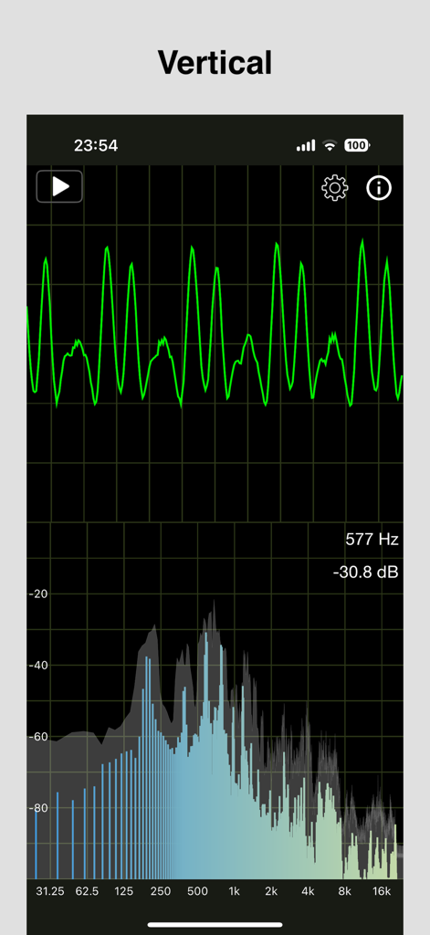 Real-time vertical display showing audio waveform and frequency spectrum analysis.