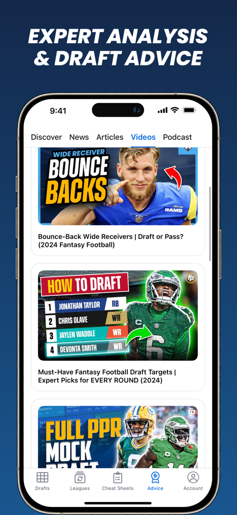 Fantasy Football Draft Wizard app screen featuring expert analysis and draft advice videos