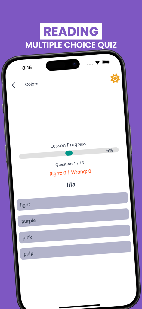 Un écran de quiz à choix multiples de lecture dans l'application Learn Tagalog montrant une question de vocabulaire sur les couleurs.