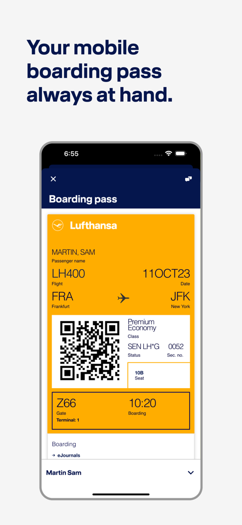 Smartphone screen displaying a yellow Lufthansa digital boarding pass for a flight to New York JFK.