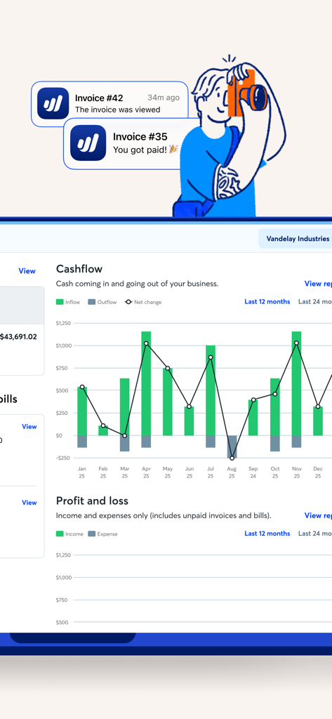 Wave: Small Business Software - Ein mobiles Dashboard mit einem Cashflow-Balkendiagramm und Benachrichtigungen für gesehene und bezahlte Rechnungen.