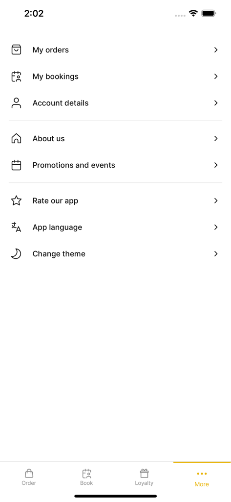 La Casa del Pane Urbino - The More menu screen of the La Casa del Pane Urbino app showing account settings orders bookings and promotions