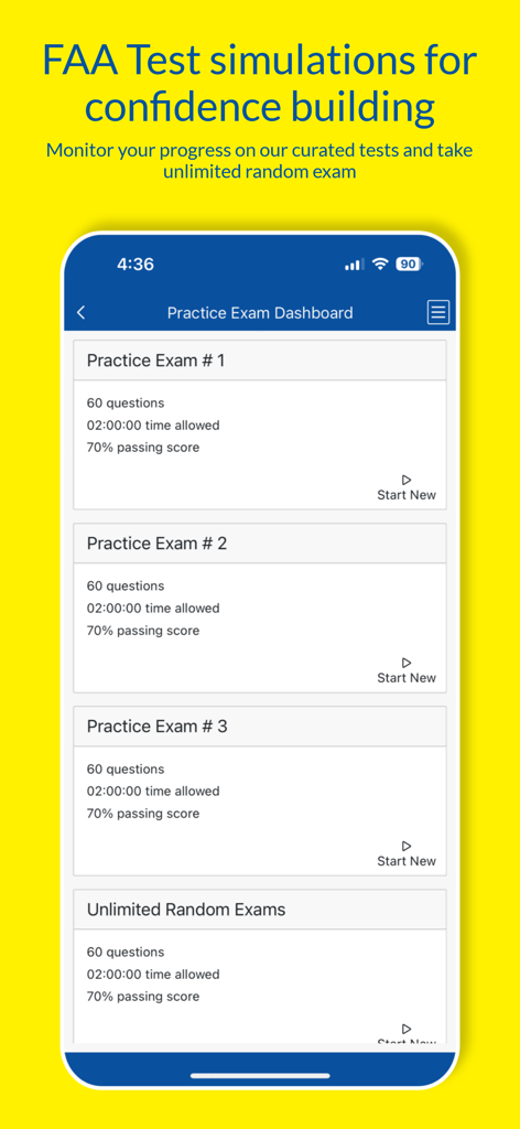 King Test Prep Companion - A mobile interface of the King Test Prep Companion app showing a dashboard of FAA practice exams with question counts and time limits