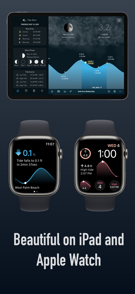 Tide Alert (NOAA) - Tide Chart - Tide Alert app interface displayed on an iPad and two Apple Watch models showing detailed tide charts and watch complications.
