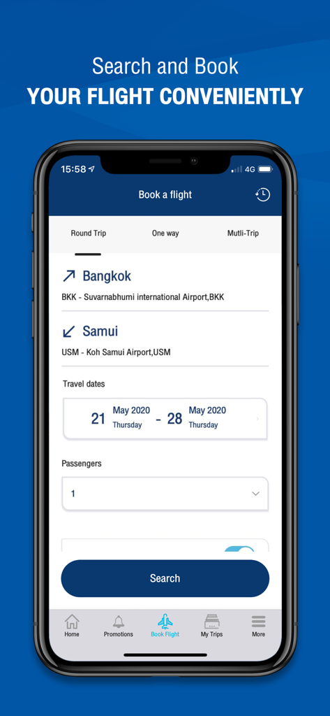 Bangkok Airways - バンコクエアウェイズモバイルアプリのフライト検索および予約インターフェース
