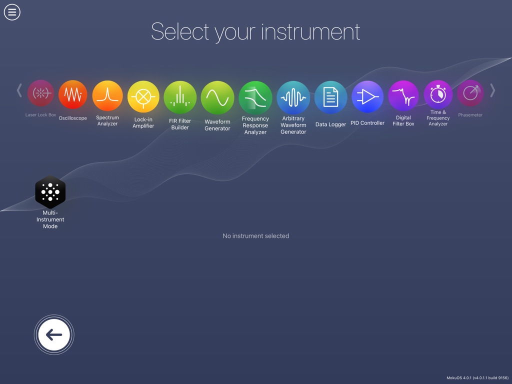 Moku app interface showing the instrument selection screen with icons for tools like Oscilloscope and Spectrum Analyzer