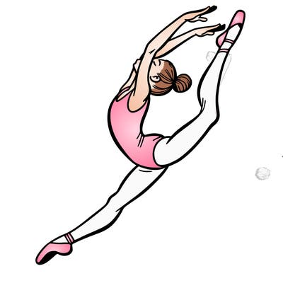 gymnast doing a leap in a leotard with a bent back leg