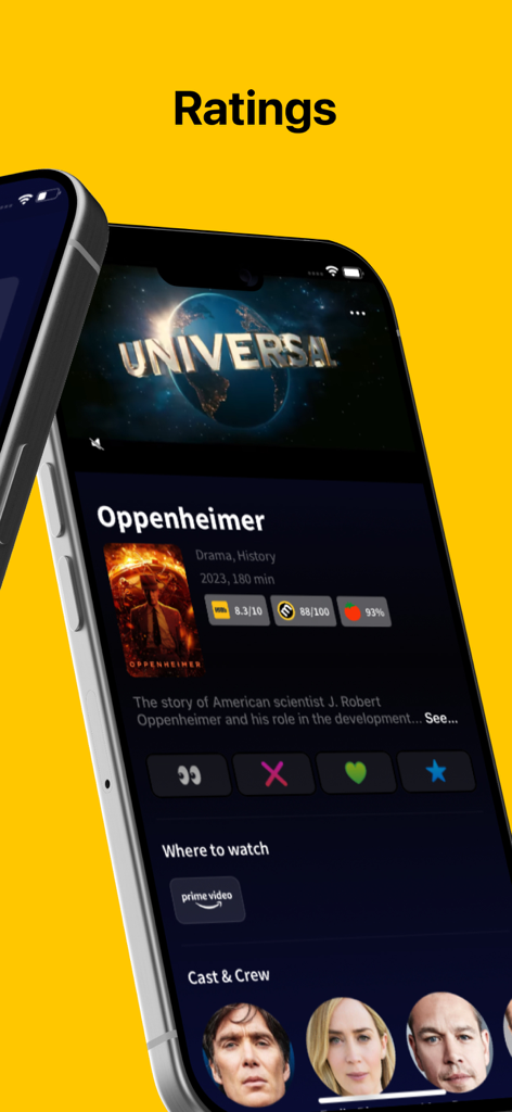 A mobile screen showing ratings and streaming details for the movie Oppenheimer on the Movie Night app
