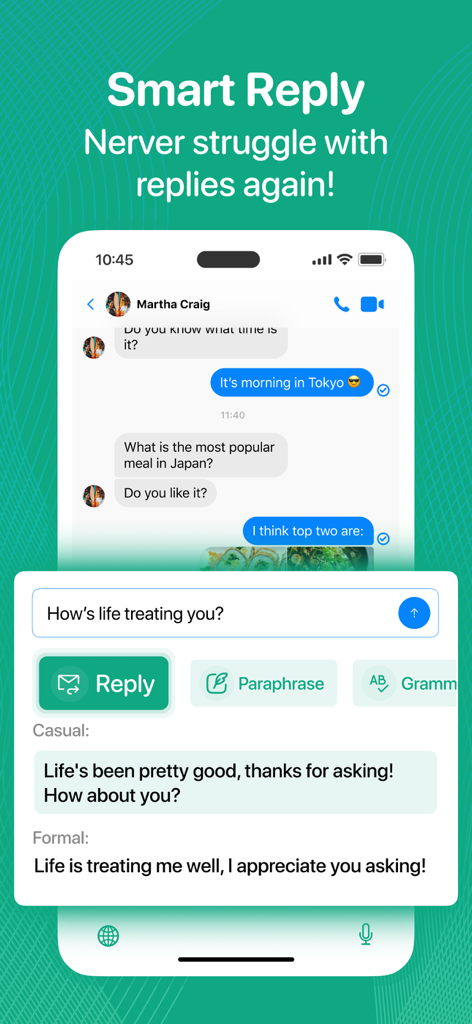 Textify: Smart Reply Assistant - Textify AI keyboard extension suggesting casual and formal reply options for a text message