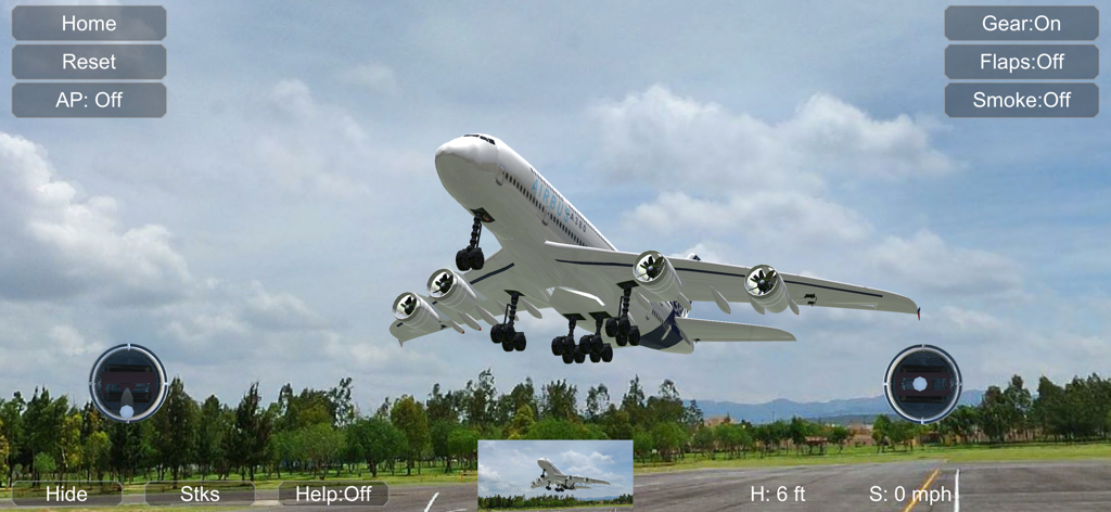 Großer Passagierjet startet in Absolute RC Simulator mit Flugsteuerungen auf dem Bildschirm.
