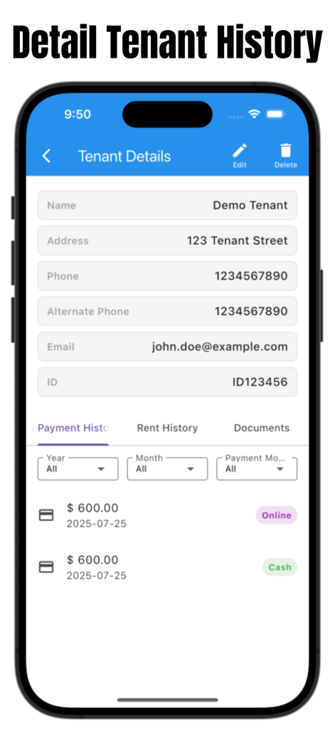 Rent Receipt Maker: House Rent - Mobile app screen showing tenant contact details and a payment history list for rent tracking