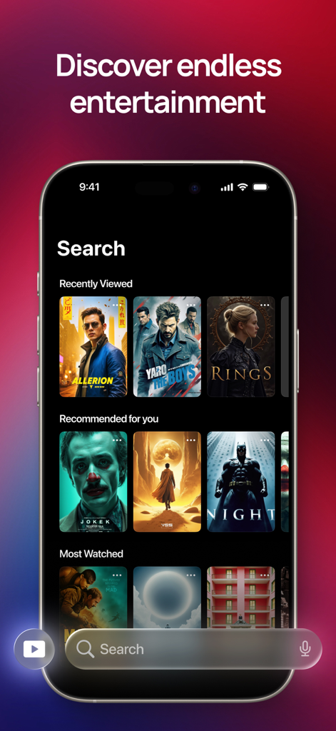 IPTV Plus - IPTV Plus search interface displaying movie recommendations and recently viewed titles on iPhone