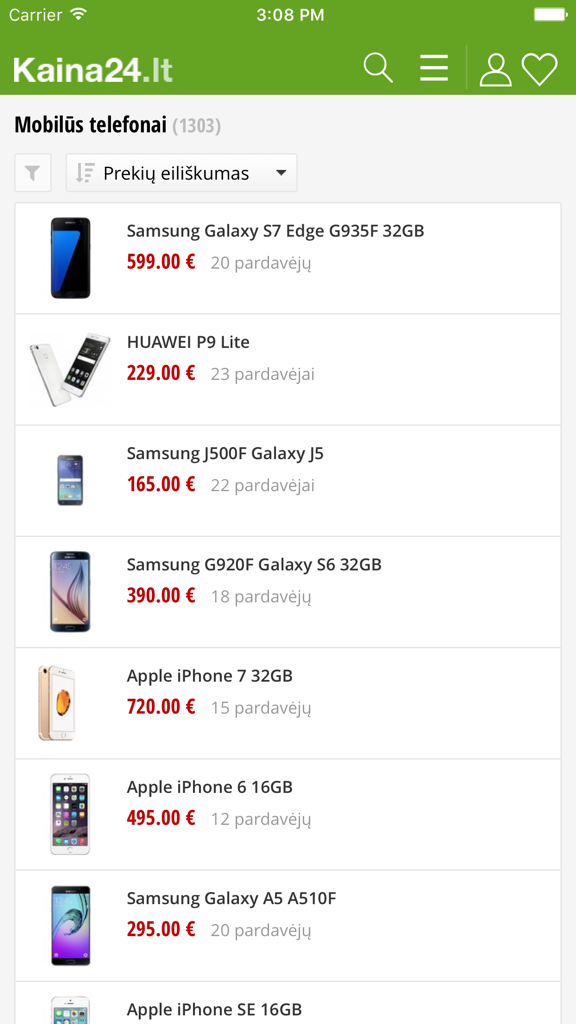 Kaina24.lt - Mobile phone price comparison list on the Kaina24 app displaying various smartphone models and prices in Euros