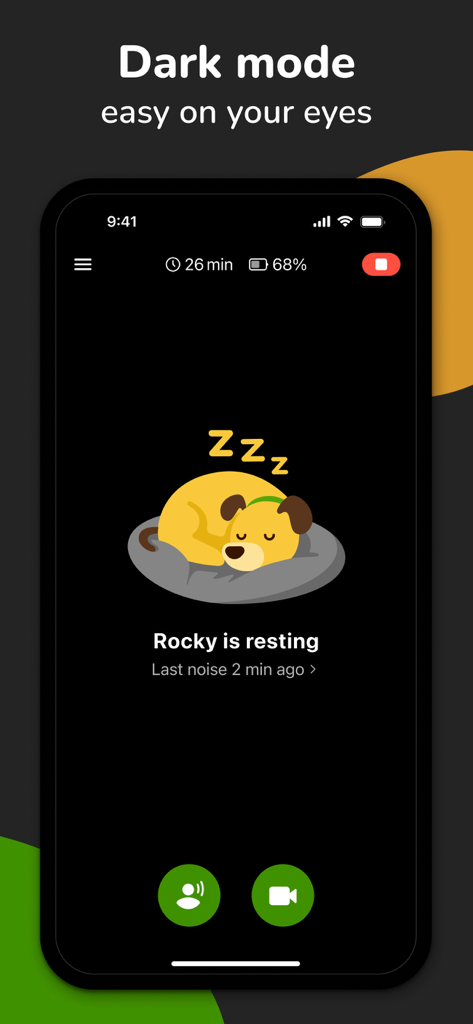 Barkio pet monitor app interface featuring dark mode and a resting dog notification