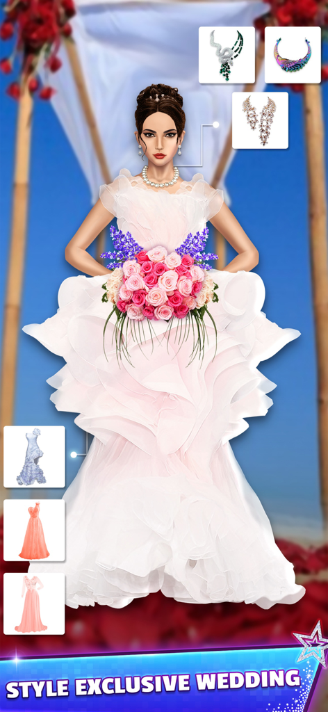 Fashion - Dress Up Games - Una mujer con un vestido de novia blanco con volantes sosteniendo un ramo de rosas rosas en un juego de cambio de imagen de moda.