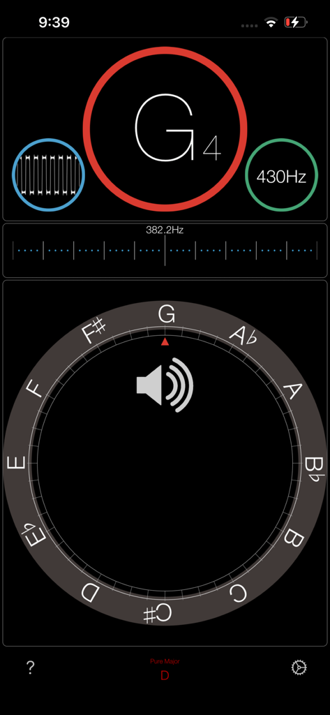 Touch Tuner - Interface do afinador musical profissional mostrando detecção de nota e exibição de frequência