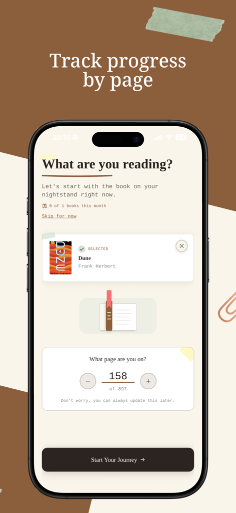 Book Tracker & Journal - Alia - Alia app screen for tracking reading progress by page with a minimalist design