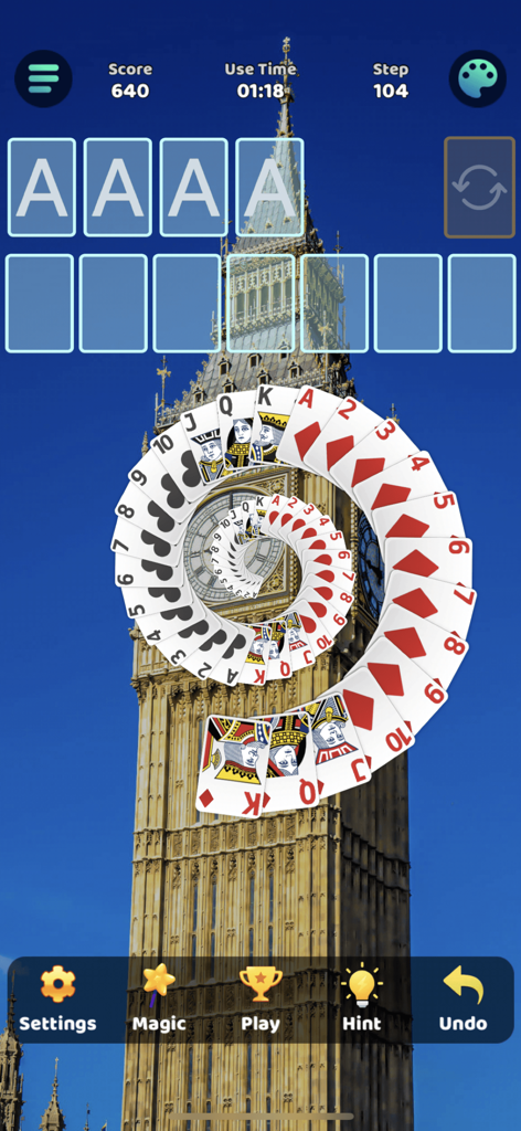 Solitaire Klondike winning animation with cards spiraling over a Big Ben background image