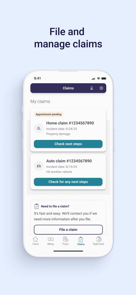 Safeco Mobile - Safeco Mobile app interface showing home and auto insurance claims status and a button to file a new claim.