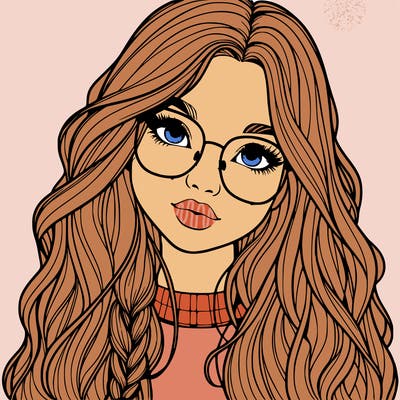 girl with long hair and freckles and glasses realistic