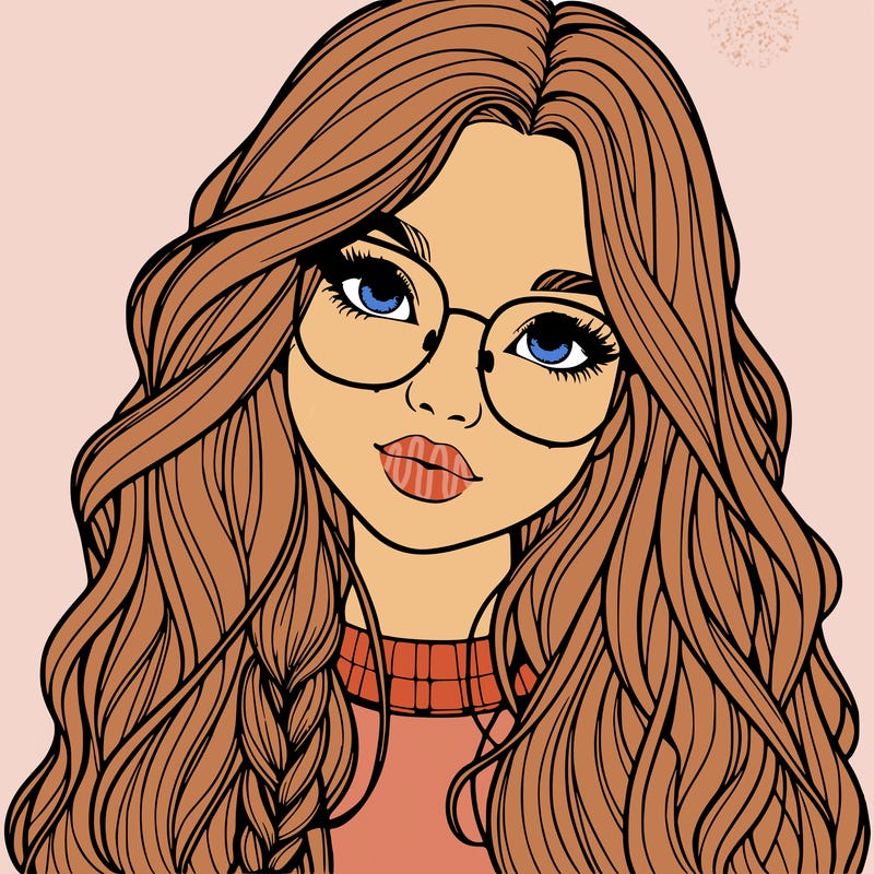 girl with long hair and freckles and glasses realistic