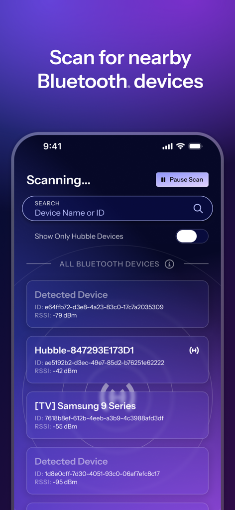 Hubble Connect - Hubble Connect interface showing a list of detected Bluetooth devices with RSSI signal strength levels