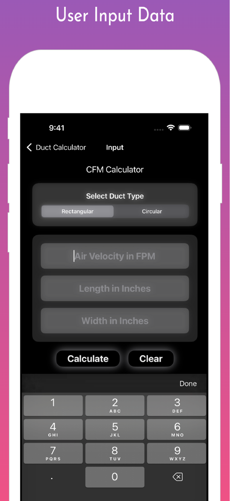 CFM calculator input screen in Duct Calculator Pro app showing duct type selection and measurement fields