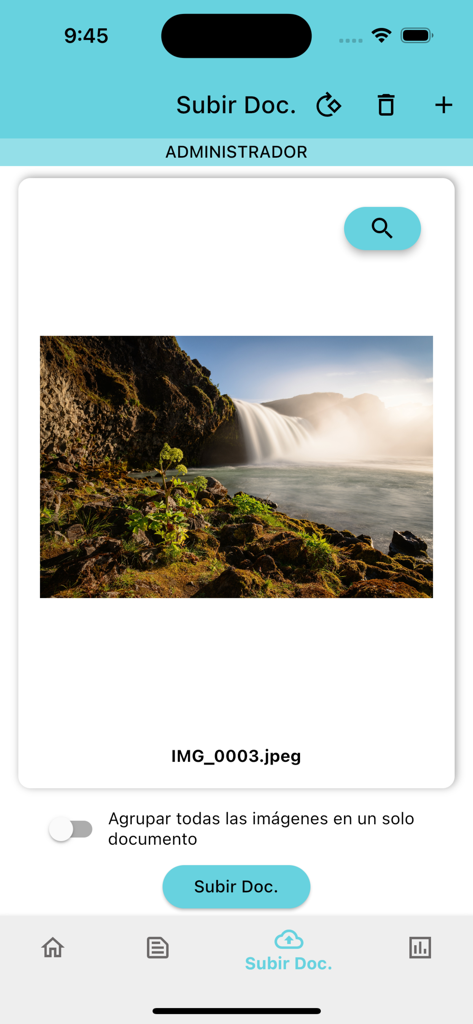 Connect Matrix - Connect Matrix app interface for uploading documents and images with a preview and grouping options.
