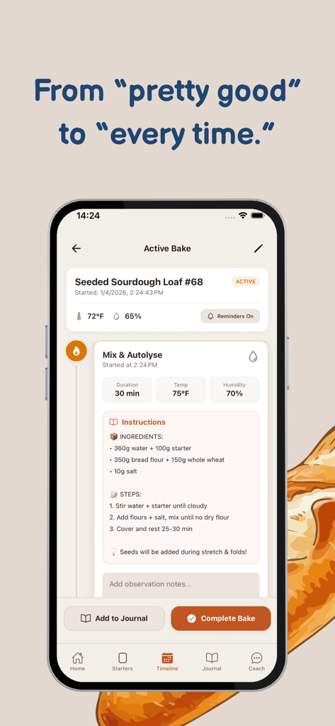 Sourdough Forge: Starter - Active bake screen in Sourdough Forge app showing recipe steps and ingredients for sourdough bread