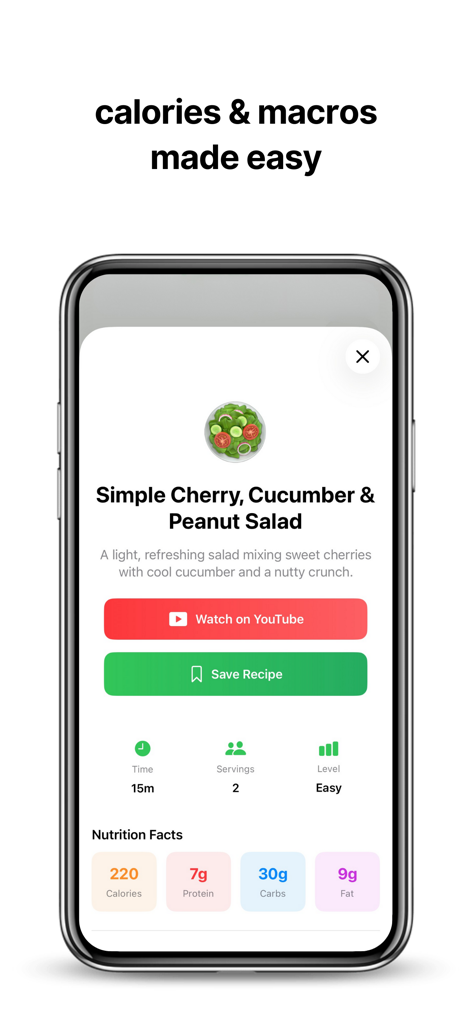 Healthy Food app displaying nutrition facts and macro tracking for a salad recipe