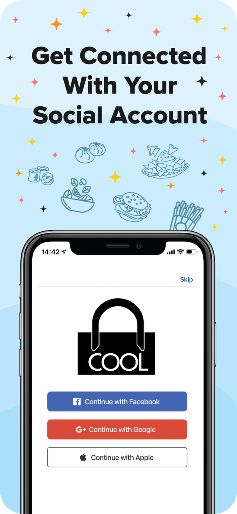 It's Cool Delivery - Login screen for its cool delivery app featuring social media sign in buttons for facebook google and apple