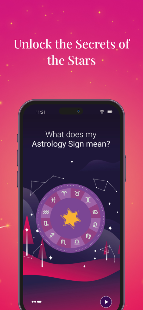 Psychic Reading Prediction - Pantalla de smartphone mostrando una rueda zodiacal y el texto Desbloquea los Secretos de las Estrellas