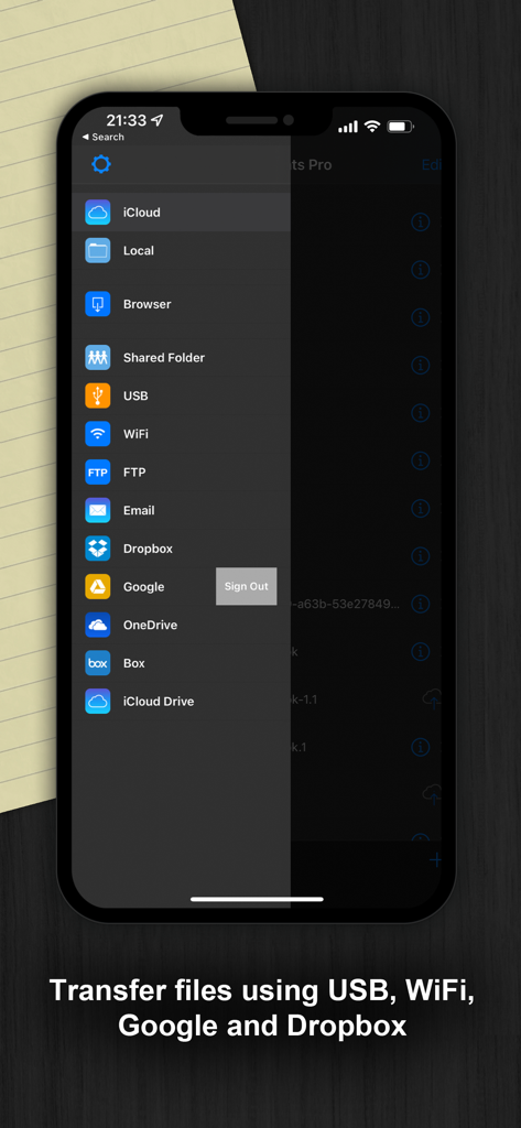 USB、WiFi、Dropboxを含むファイル転送とクラウドストレージオプションが表示されるDocuments Proアプリのサイドバー。