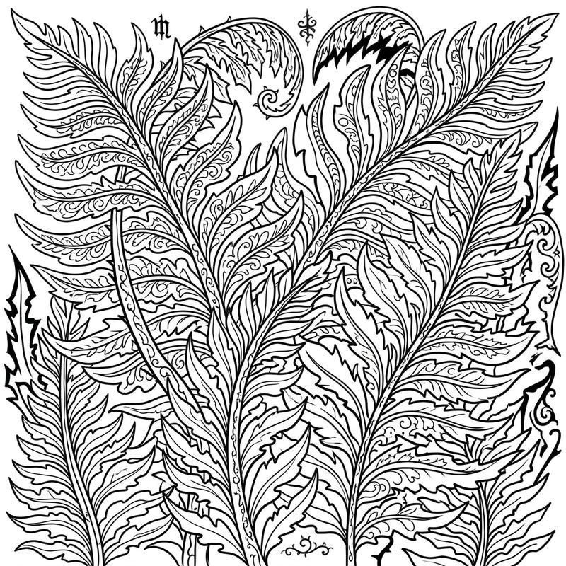 Explore the depths of dark botanical beauty with this exquisite Gothic Ferns coloring page. Its dense, ornate patterns offer a unique and meditative coloring experience for nature and gothic art lovers.