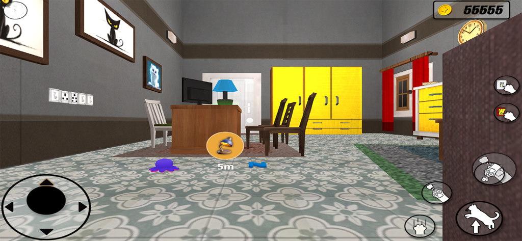 I Am Cat and Granny Simulator - First-person gameplay screenshot of I Am Cat and Granny Simulator showing a cat's perspective in a room with a yellow wardrobe and desk.