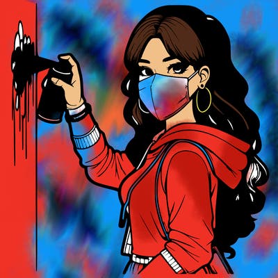 realistic girl with mask spray painting a wall