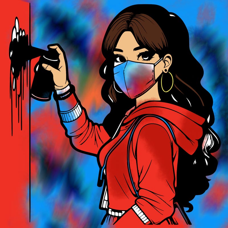 realistic girl with mask spray painting a wall