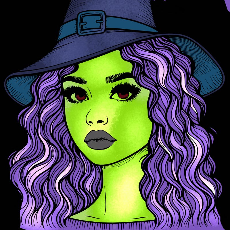 realistic girl with wavy hair a witch hat and a nose and lips and eyes