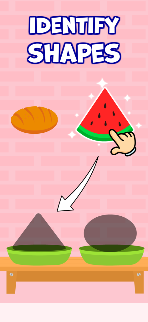 Interfaccia di gioco educativa per bambini che mostra un'attività di abbinamento di forme in cui una fetta di anguria viene trascinata su una sagoma triangolare.